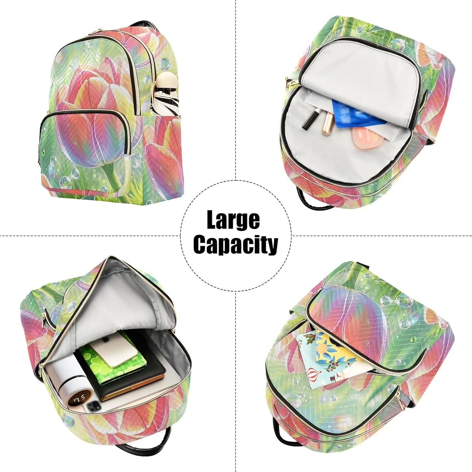 Mini Backpack Quilted Purse for Womens Small Backpack Daypack Tulips Print for Travel Daily Work,Multi3