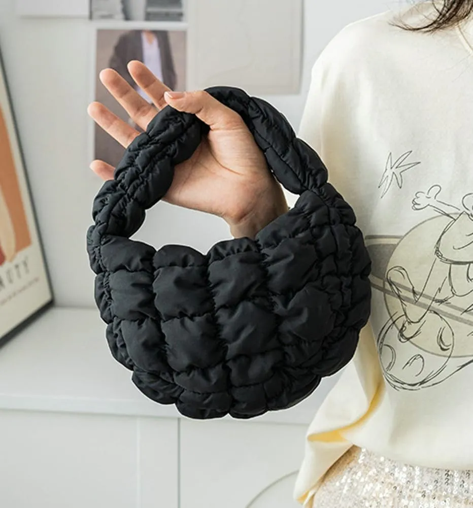 Mini Puffy Quilted Handbag Soft Puffer Tote Bag for Women Cute Wrist Bubble Bag Lightweight Nylon Clutch Purse