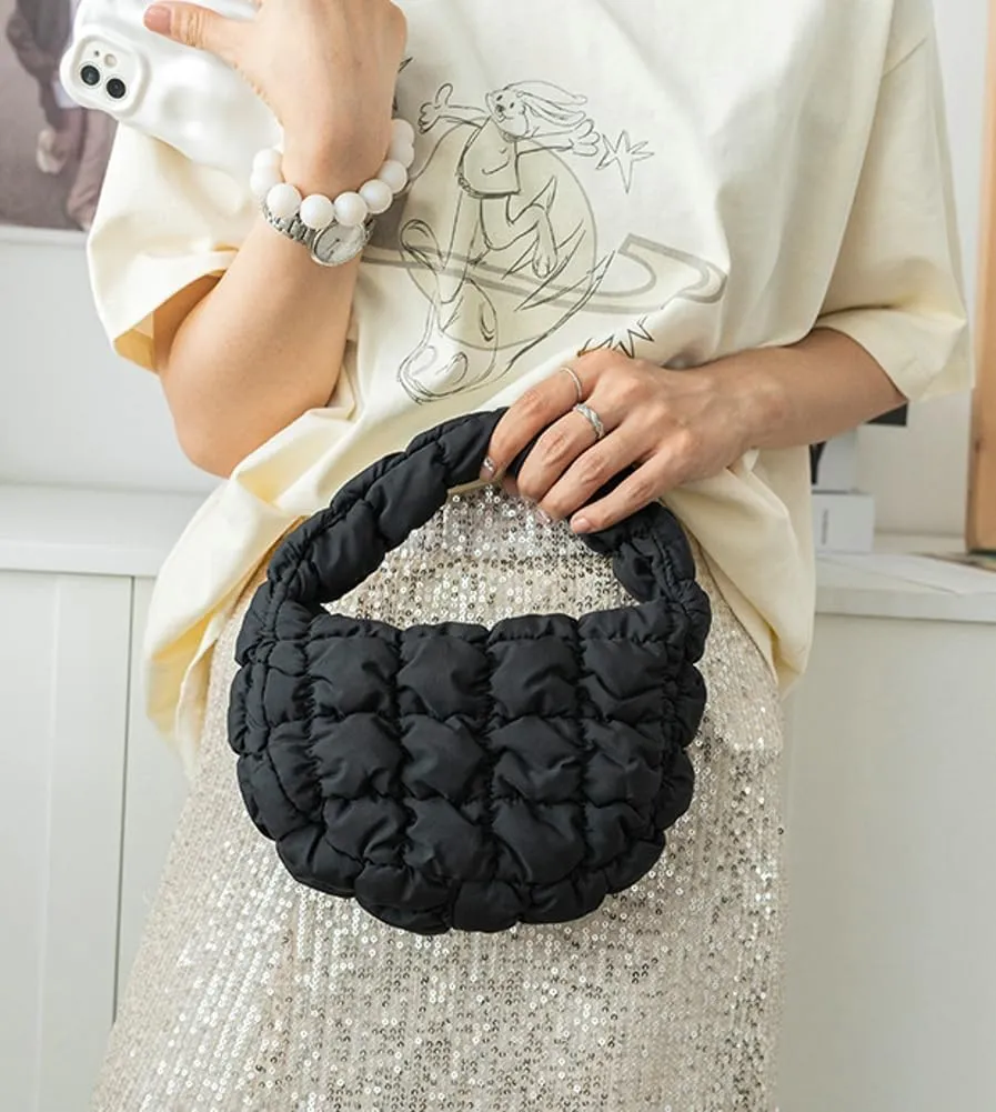 Mini Puffy Quilted Handbag Soft Puffer Tote Bag for Women Cute Wrist Bubble Bag Lightweight Nylon Clutch Purse