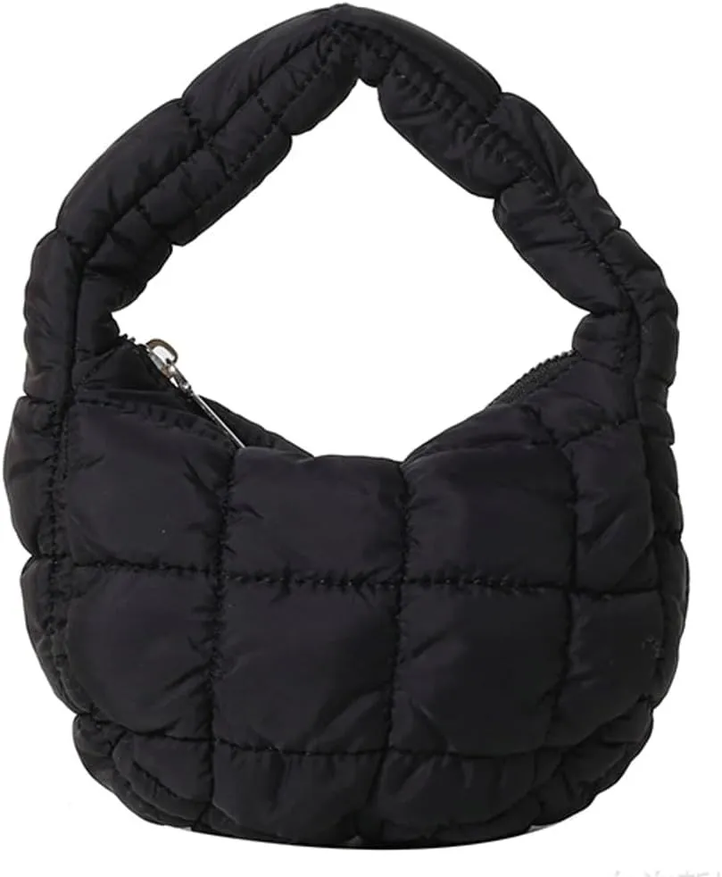 Mini Puffy Quilted Handbag Soft Puffer Tote Bag for Women Cute Wrist Bubble Bag Lightweight Nylon Clutch Purse