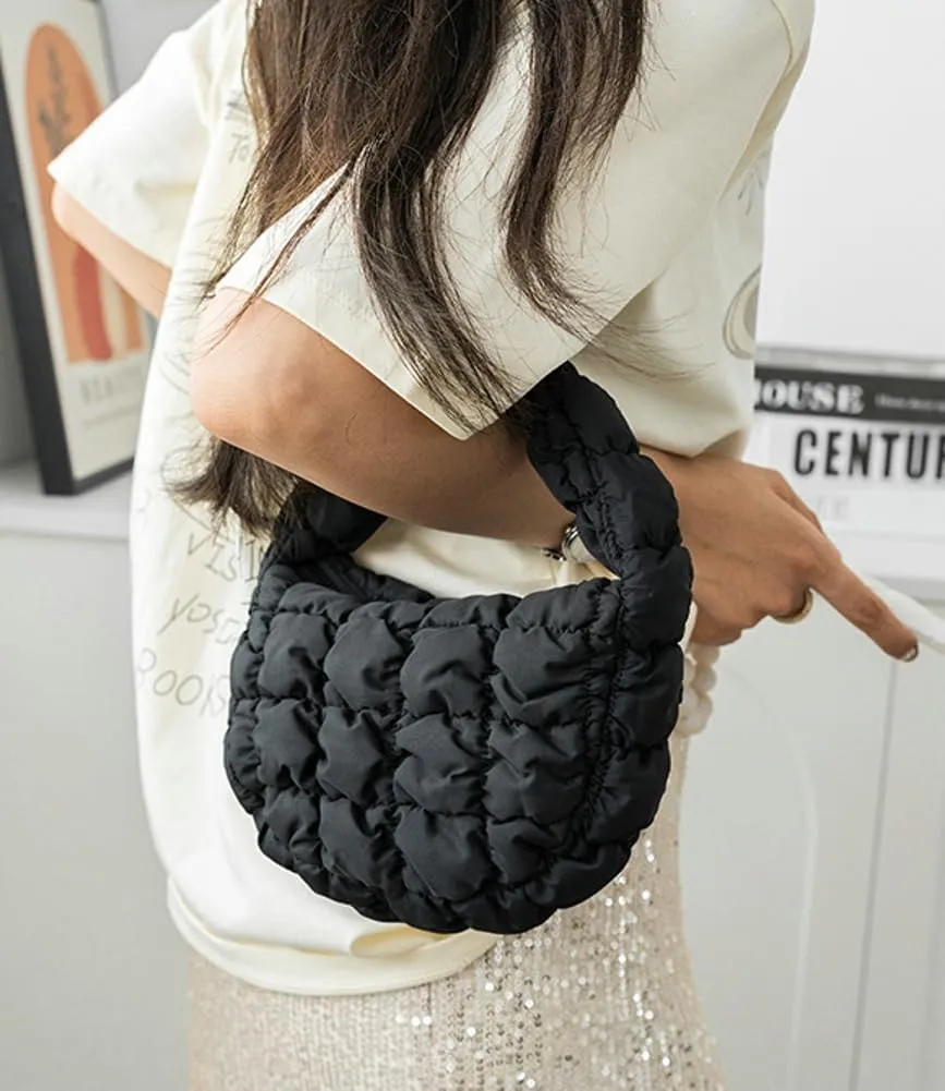 Mini Puffy Quilted Handbag Soft Puffer Tote Bag for Women Cute Wrist Bubble Bag Lightweight Nylon Clutch Purse