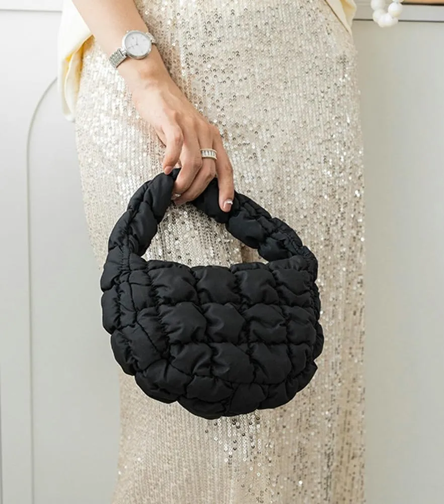 Mini Puffy Quilted Handbag Soft Puffer Tote Bag for Women Cute Wrist Bubble Bag Lightweight Nylon Clutch Purse