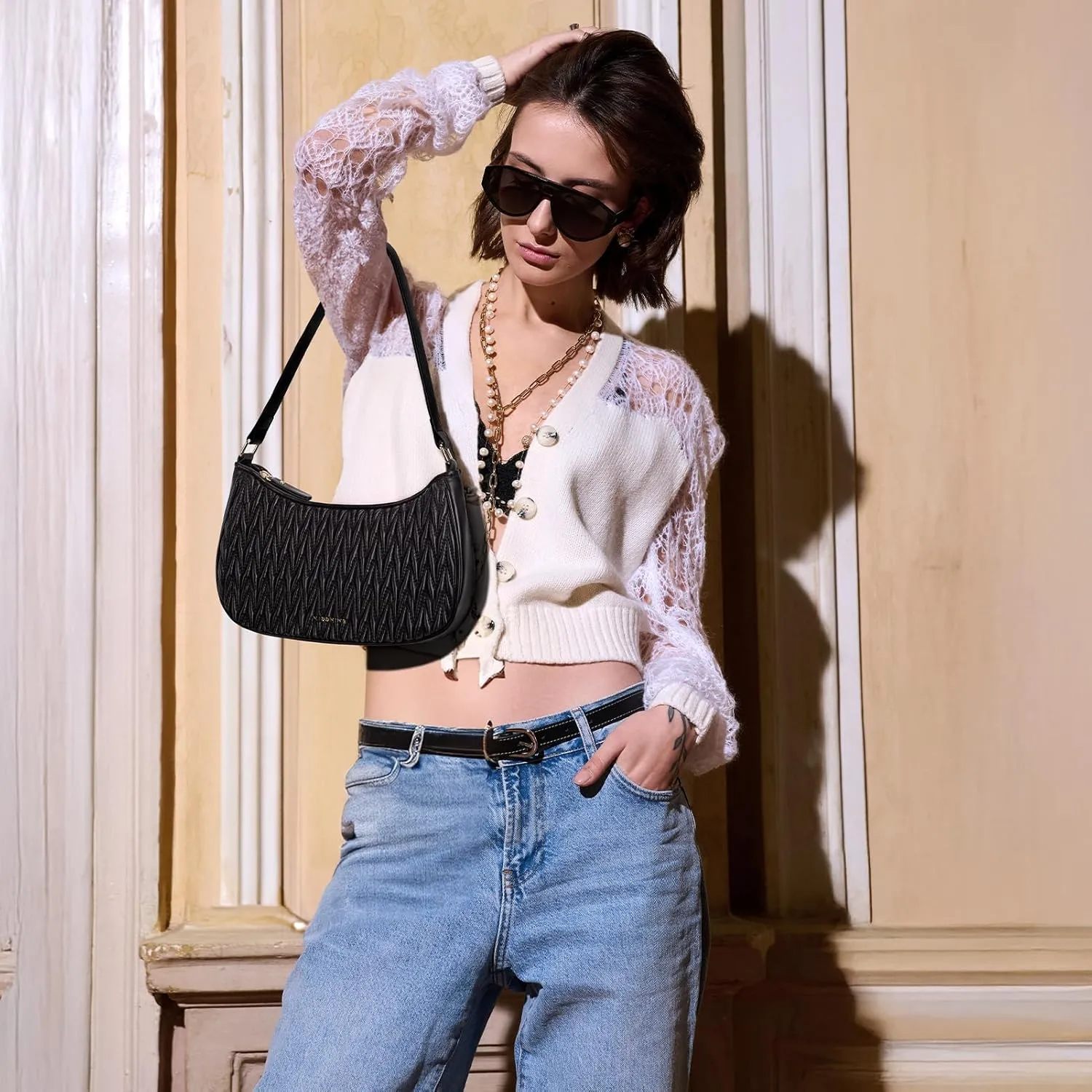 Missnine Shoulder Bag for Women Small Purse Trendy Clutch Hobo Bag Vegan Leather Mini Handbag with Zipper Closure