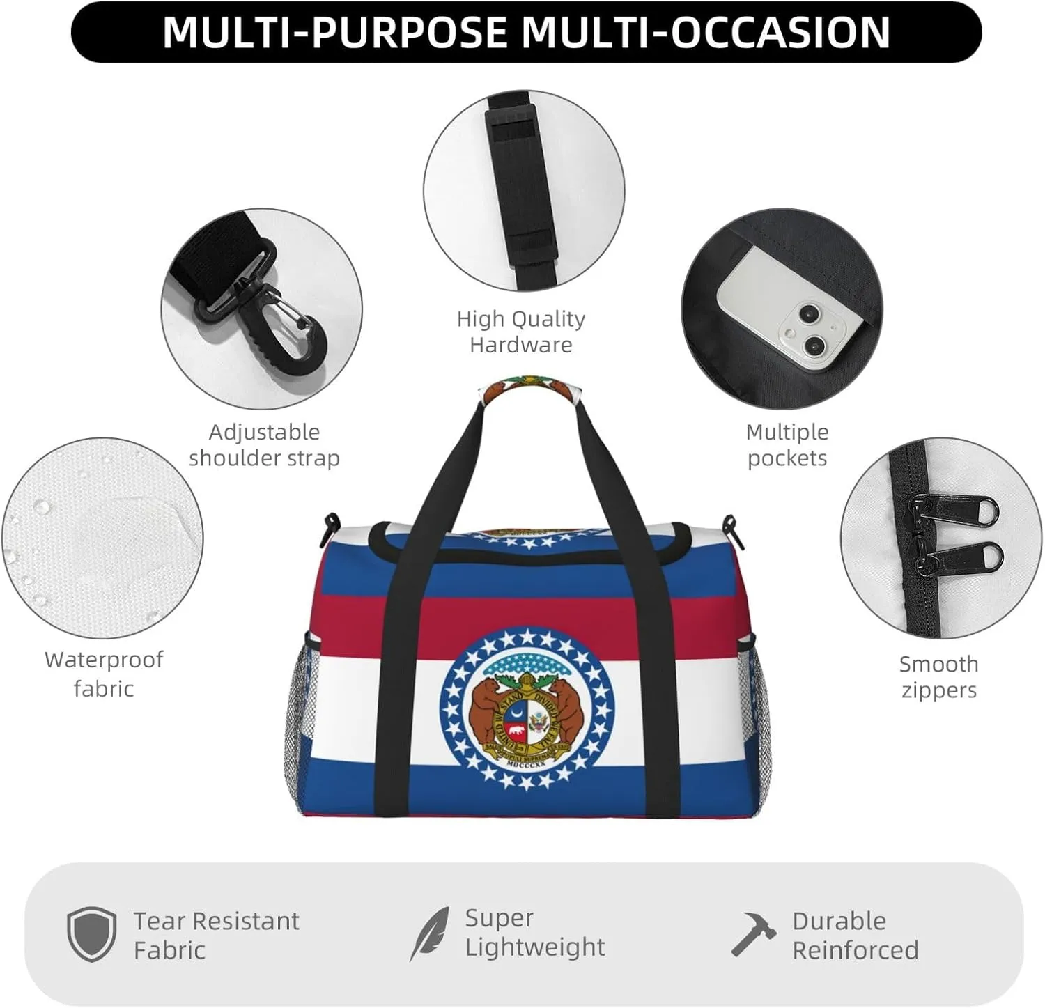 Missouri State Flag Travel Bag, Weekender Bags For Women Men For Outdoor Adventures, Ideal For Camping And Hiking