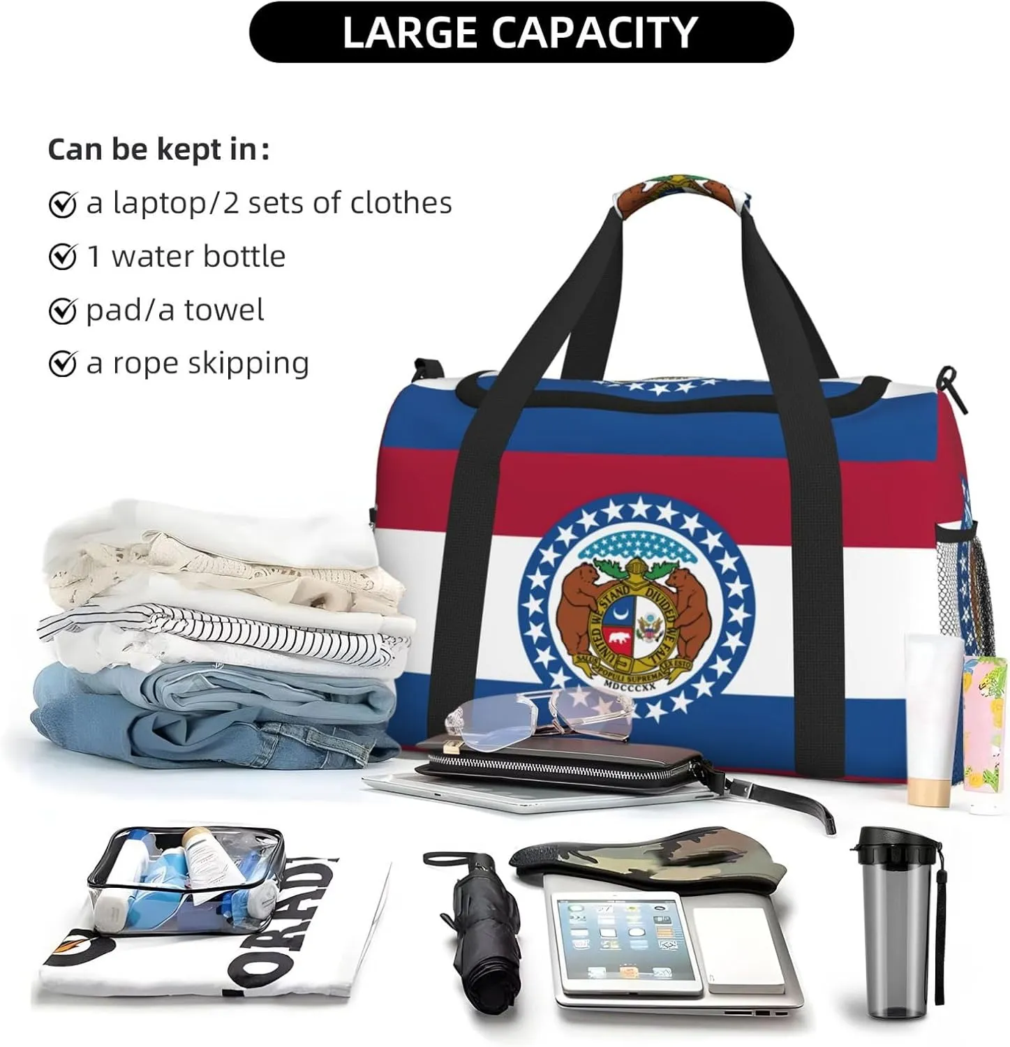 Missouri State Flag Travel Bag, Weekender Bags For Women Men For Outdoor Adventures, Ideal For Camping And Hiking