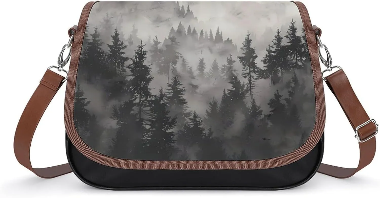 Misty Fog Pine Tree Forest Women's Crossbody Bag Leather Tote Bag Shoulder Bag Handbag for Office Travel