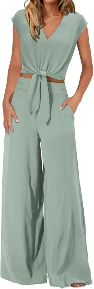 Miyaomn Crossbody Bags for Women Date Night Outfit for Women 2 Piece Outfits for Women Tie Front V Neck Cap Sleeve Crop Top and High Waist Flowy Palazzo Pants Casual Matching Set(Mint,Large)