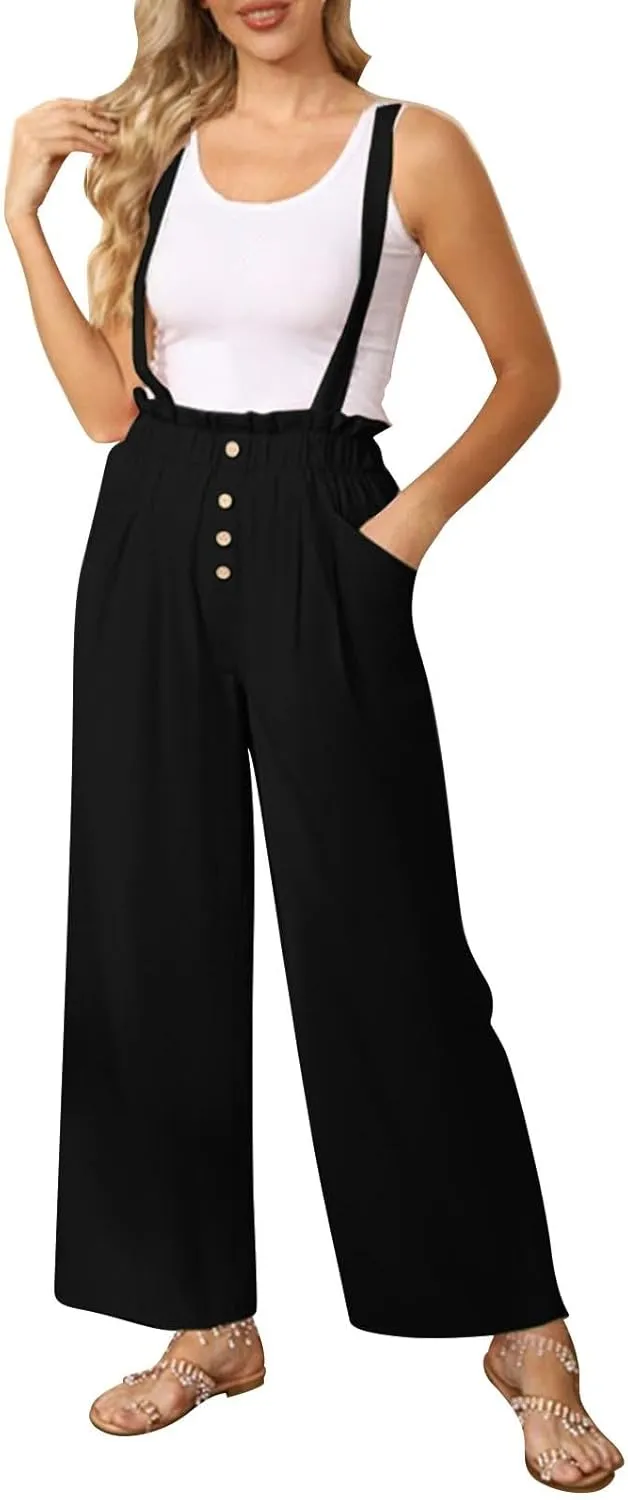 Miyaomn Crossbody Bags for Women Plus Size Jumpsuit for Curvy Women Womens Cotton Suspender Overalls Button-Fly Elastic High Waisted Loose Sleeveless Wide Leg Jumpsuit Baggy Long Rompers(Black,Small)