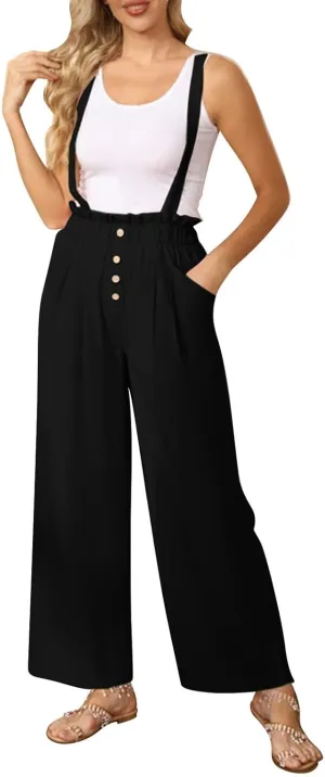 Miyaomn Crossbody Bags for Women Plus Size Jumpsuit for Curvy Women Womens Cotton Suspender Overalls Button-Fly Elastic High Waisted Loose Sleeveless Wide Leg Jumpsuit Baggy Long Rompers(Black,Small)