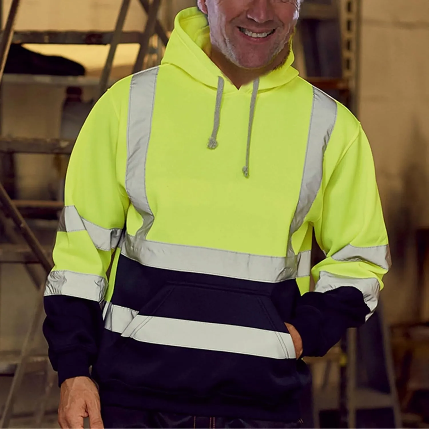 Mmoneyake Mens High Visibility Reflective Hoodies Class 3 Work Construction Safety Pullover Hooded Sweatshirt Hi-Viz Workwear