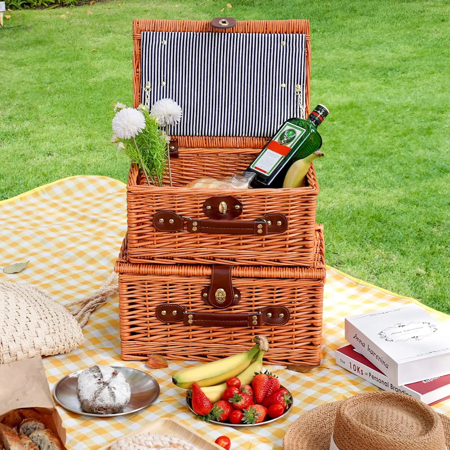 MOHOPE Picnic Basket for 2, Wicker Picnic Basket Set with Liner & Utensils Cutlery, Handmade Large Willow Hamper Set for Camping, Outdoor, Valentine’s Day, Wedding Gift, Birthday, Easter
