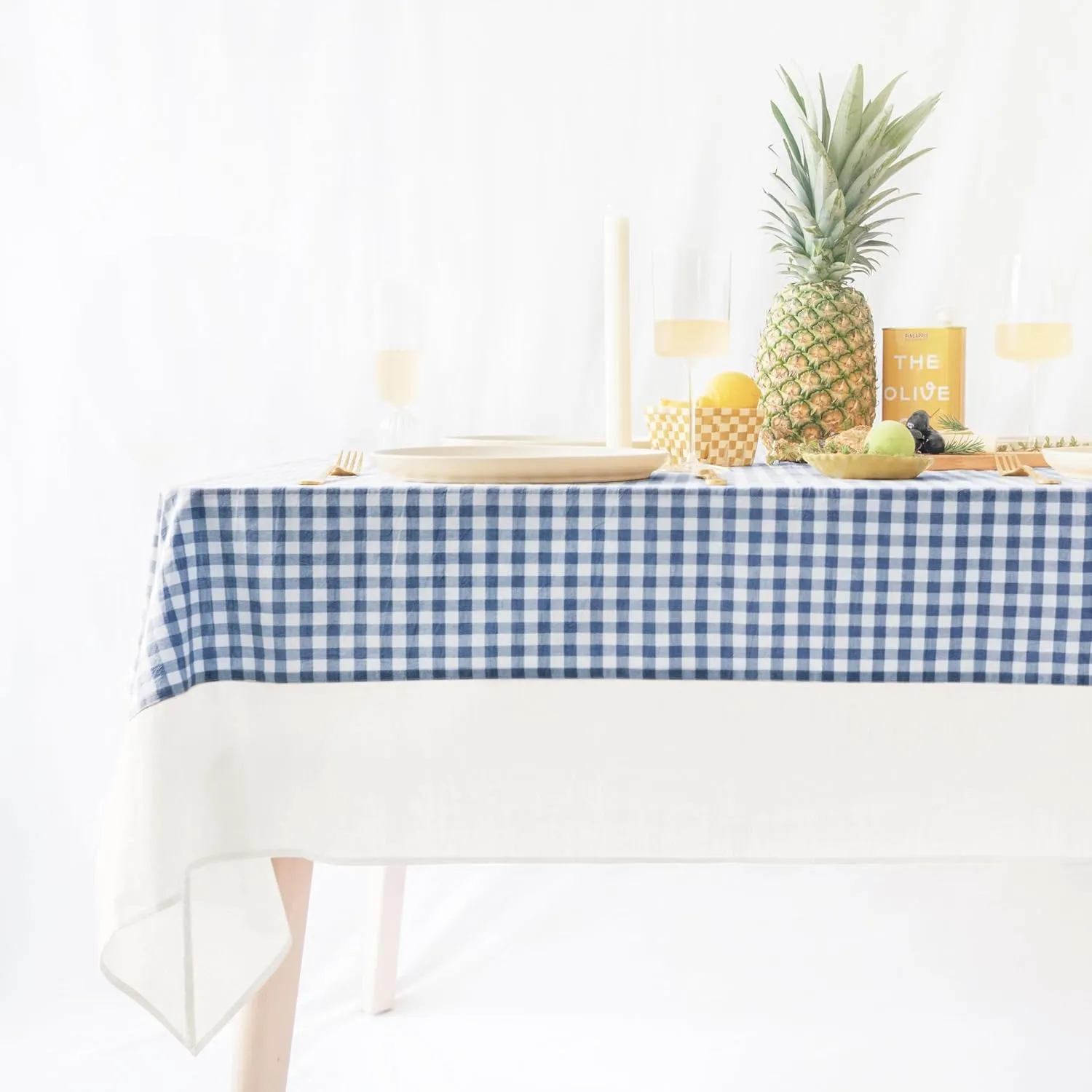 MONDAY MOOSE Gingham Checkered Farmhouse Rustic Picnic Style Decoration Rectangle Natural Stonewashed Cotton Tablecloth for Kitchen, Dining Room, Restaurant (55x70 inch, Blue/White)