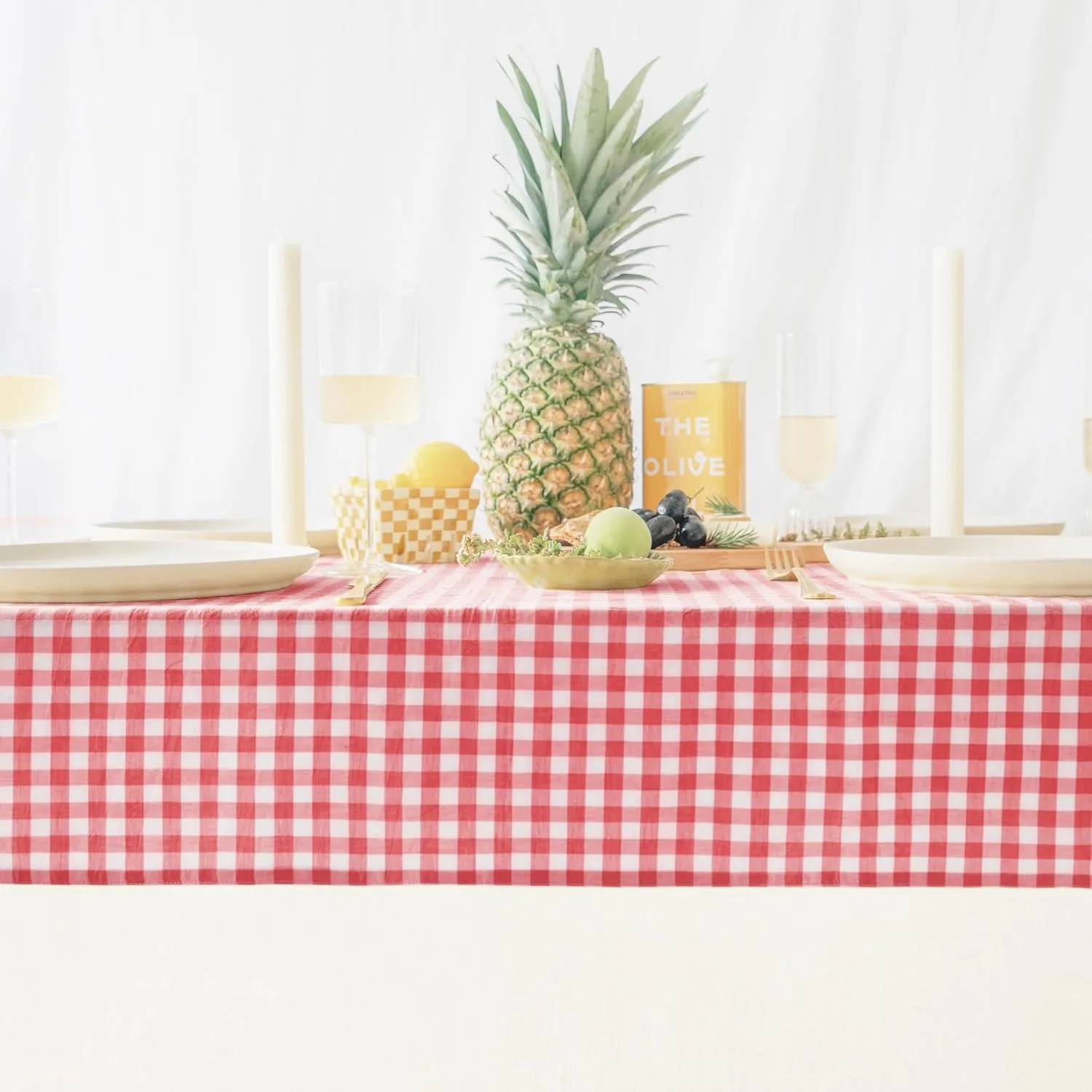 MONDAY MOOSE Gingham Checkered Farmhouse Rustic Picnic Style Decoration Rectangle Natural Stonewashed Cotton Tablecloth for Kitchen, Dining Room, Restaurant (55x70 inch, Red/White)