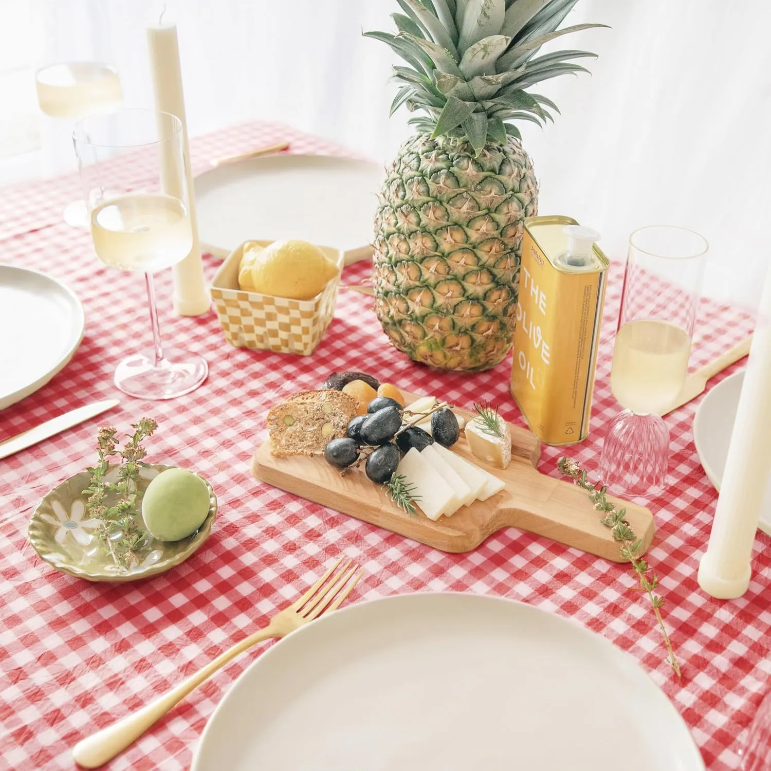 MONDAY MOOSE Gingham Checkered Farmhouse Rustic Picnic Style Decoration Rectangle Natural Stonewashed Cotton Tablecloth for Kitchen, Dining Room, Restaurant (55x70 inch, Red/White)