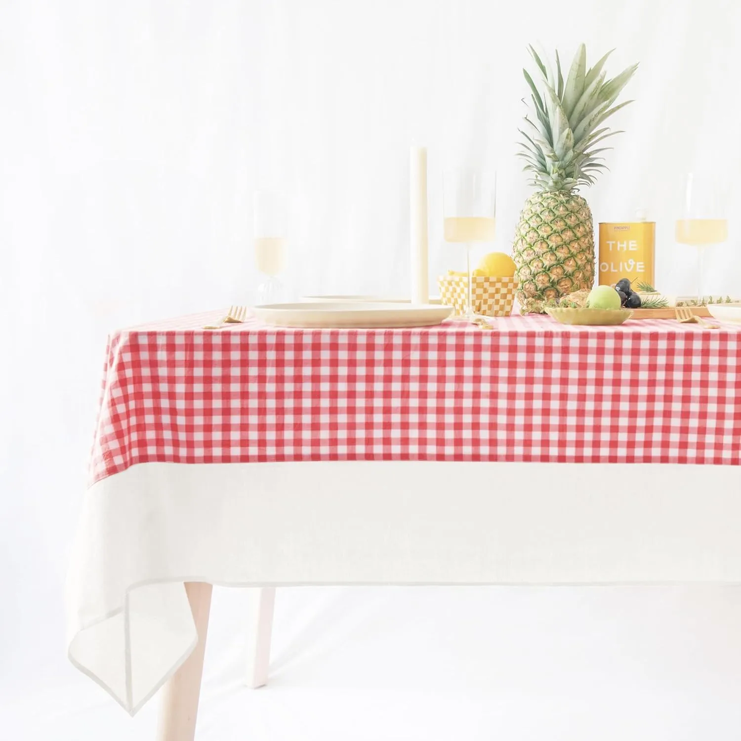 MONDAY MOOSE Gingham Checkered Farmhouse Rustic Picnic Style Decoration Rectangle Natural Stonewashed Cotton Tablecloth for Kitchen, Dining Room, Restaurant (55x70 inch, Red/White)