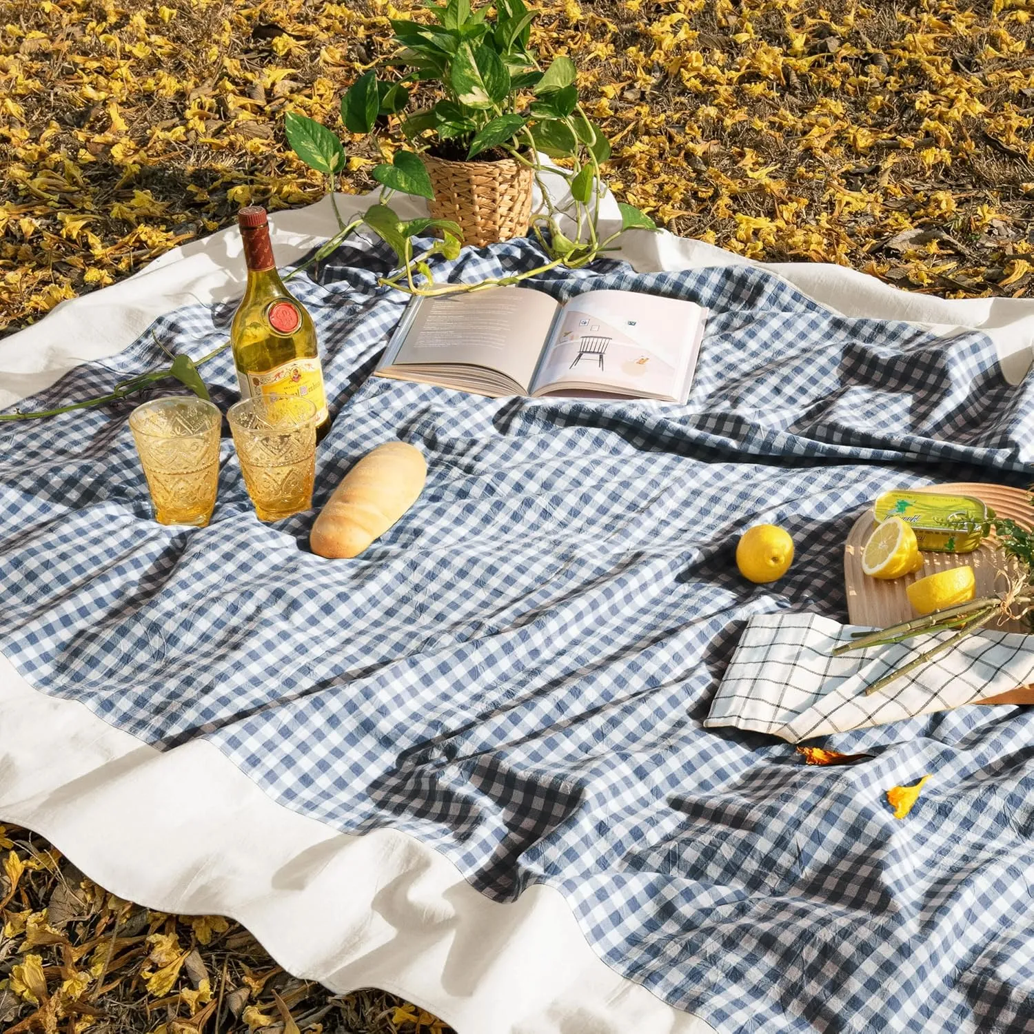 MONDAY MOOSE Gingham Checkered Farmhouse Rustic Picnic Style Decoration Rectangle Natural Stonewashed Cotton Tablecloth for Kitchen, Dining Room, Restaurant (60x102 inch, Blue/White)