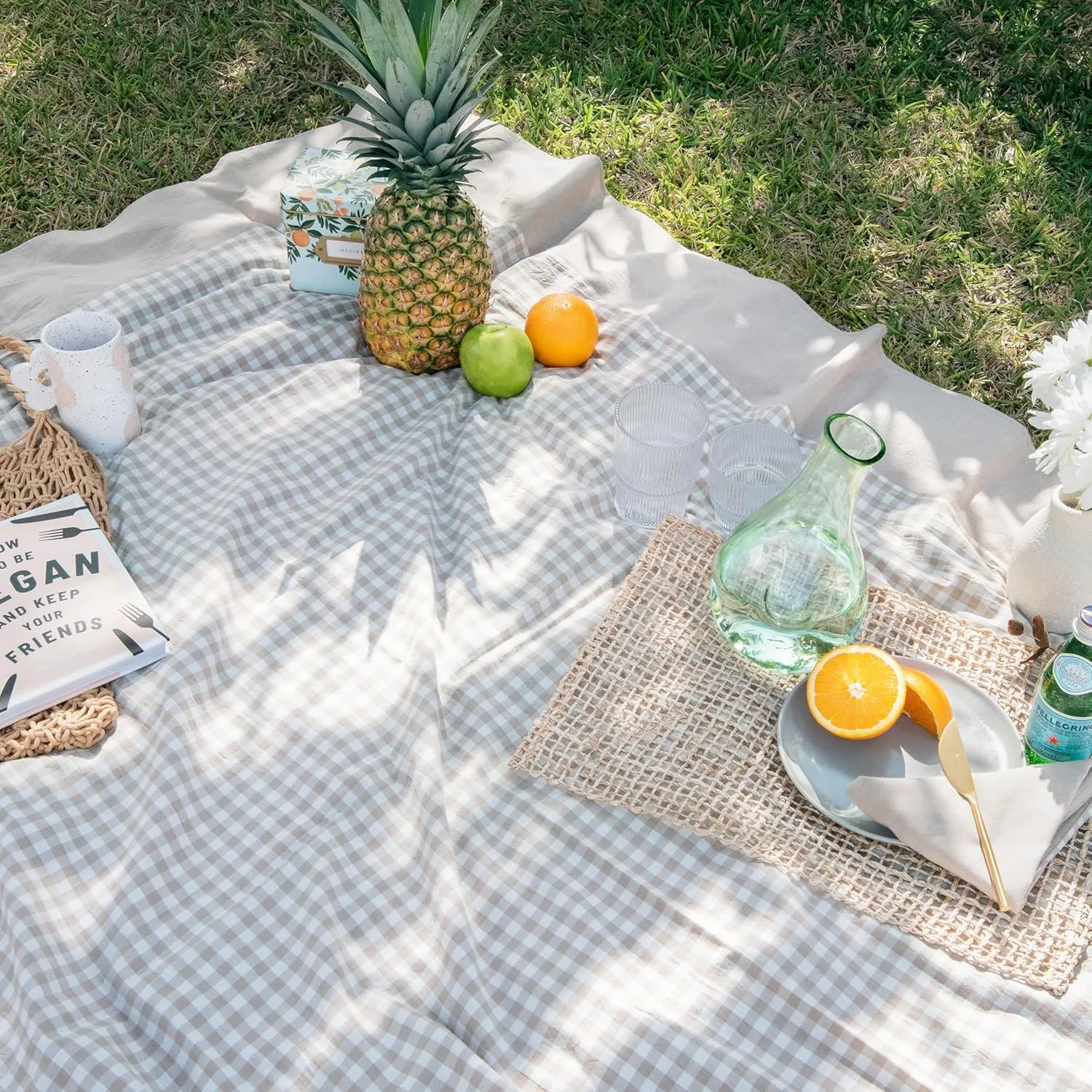 MONDAY MOOSE Gingham Checkered Farmhouse Rustic Picnic Style Decoration Rectangle Natural Stonewashed Cotton Tablecloth for Kitchen, Dining Room, Restaurant (60x86 inch, Beige)
