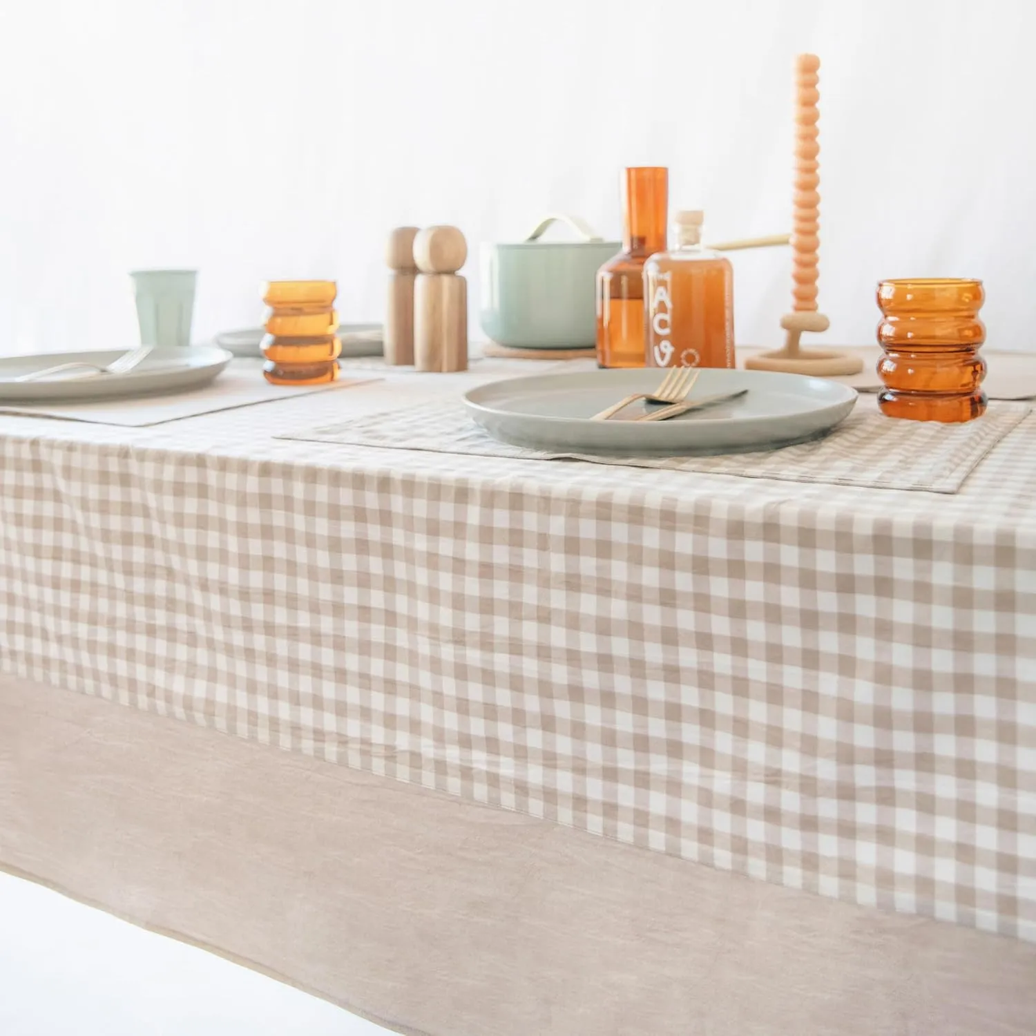 MONDAY MOOSE Gingham Checkered Farmhouse Rustic Picnic Style Decoration Rectangle Natural Stonewashed Cotton Tablecloth for Kitchen, Dining Room, Restaurant (60x86 inch, Beige)