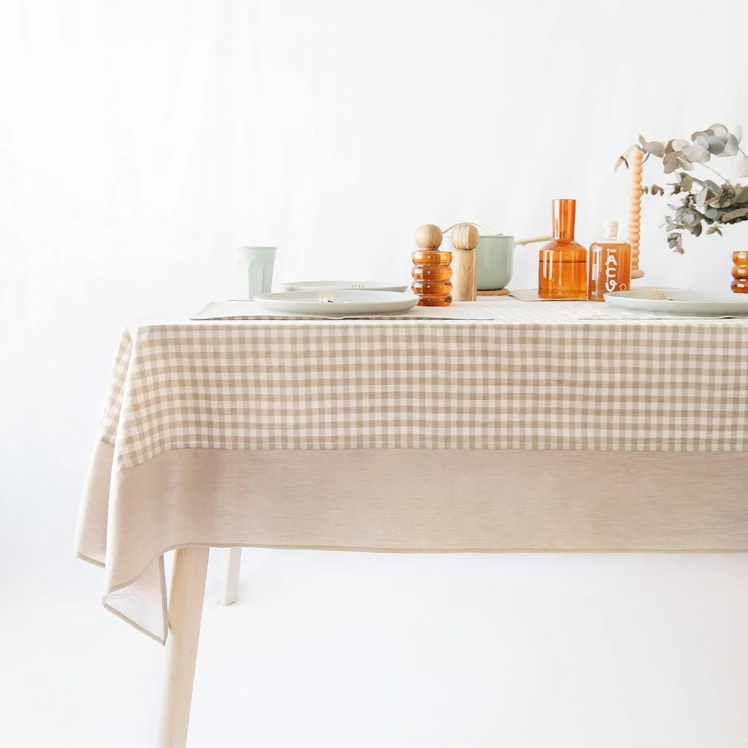 MONDAY MOOSE Gingham Checkered Farmhouse Rustic Picnic Style Decoration Rectangle Natural Stonewashed Cotton Tablecloth for Kitchen, Dining Room, Restaurant (60x86 inch, Beige)