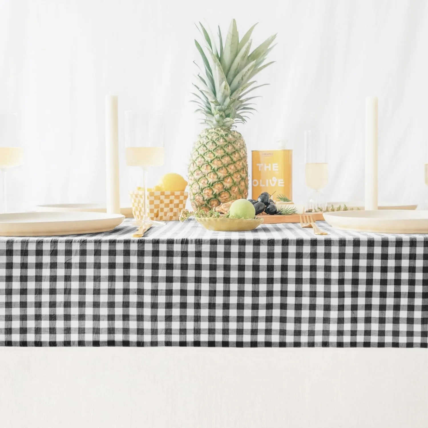 MONDAY MOOSE Gingham Checkered Farmhouse Rustic Picnic Style Decoration Rectangle Natural Stonewashed Cotton Tablecloth for Kitchen, Dining Room, Restaurant (60x86 inch, Black/White)