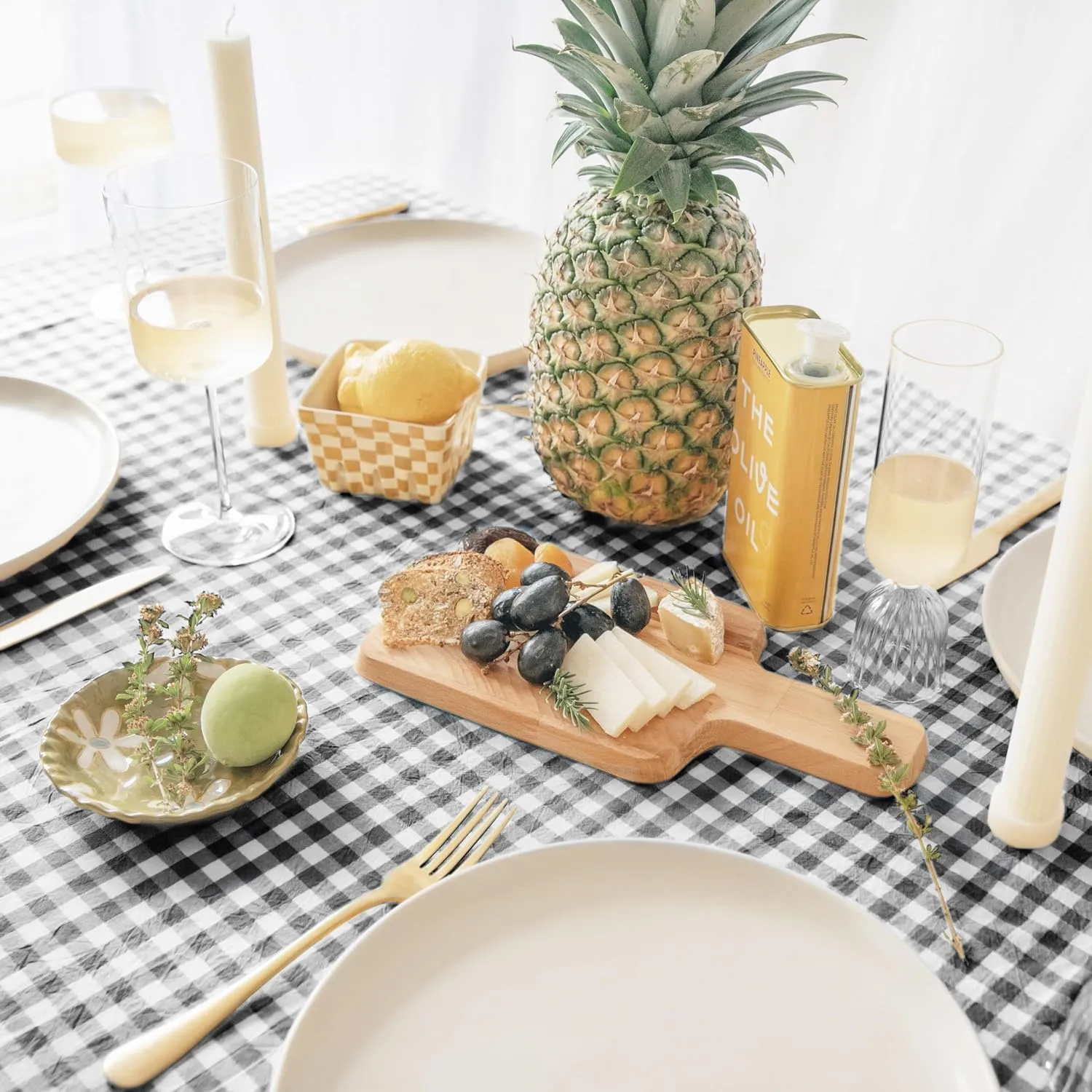 MONDAY MOOSE Gingham Checkered Farmhouse Rustic Picnic Style Decoration Rectangle Natural Stonewashed Cotton Tablecloth for Kitchen, Dining Room, Restaurant (60x86 inch, Black/White)