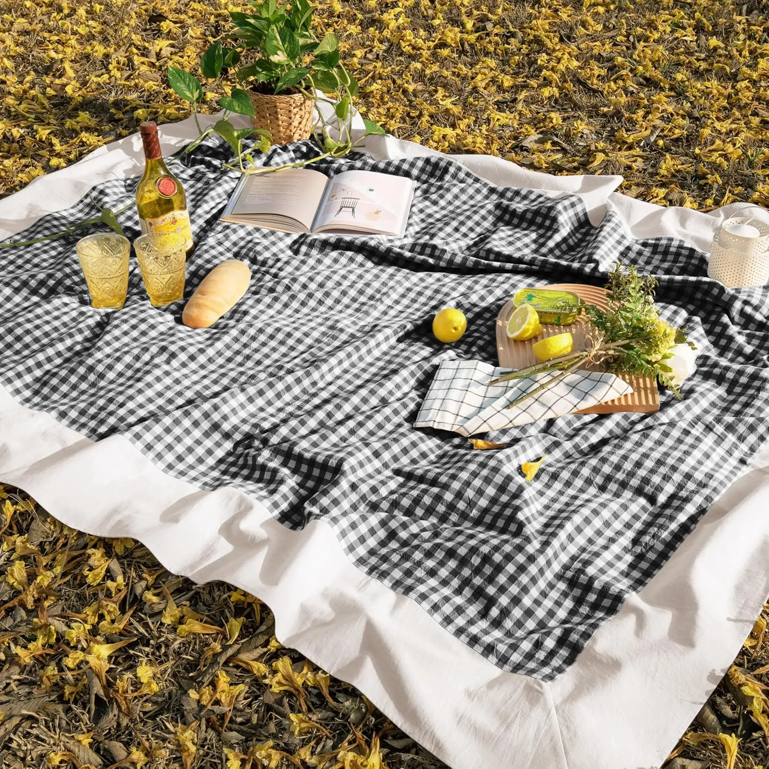 MONDAY MOOSE Gingham Checkered Farmhouse Rustic Picnic Style Decoration Rectangle Natural Stonewashed Cotton Tablecloth for Kitchen, Dining Room, Restaurant (60x86 inch, Black/White)