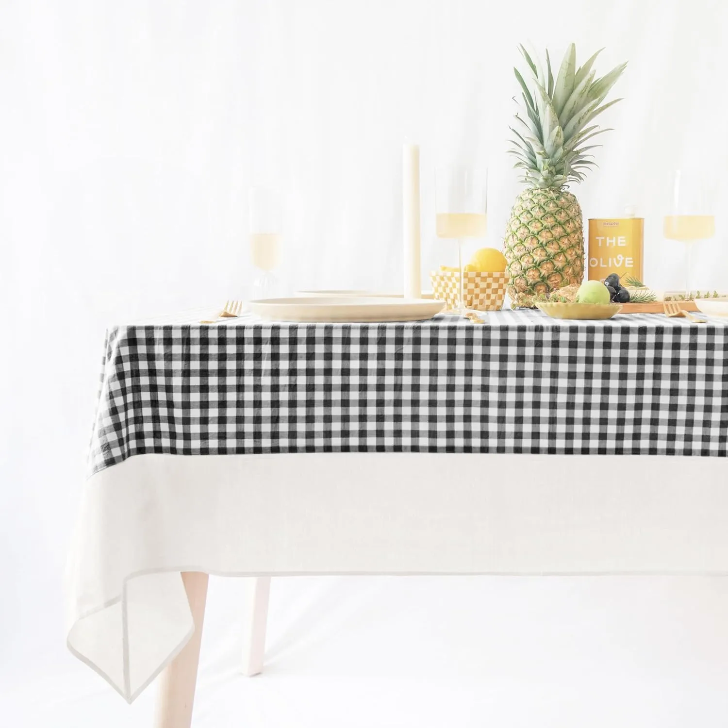 MONDAY MOOSE Gingham Checkered Farmhouse Rustic Picnic Style Decoration Rectangle Natural Stonewashed Cotton Tablecloth for Kitchen, Dining Room, Restaurant (60x86 inch, Black/White)