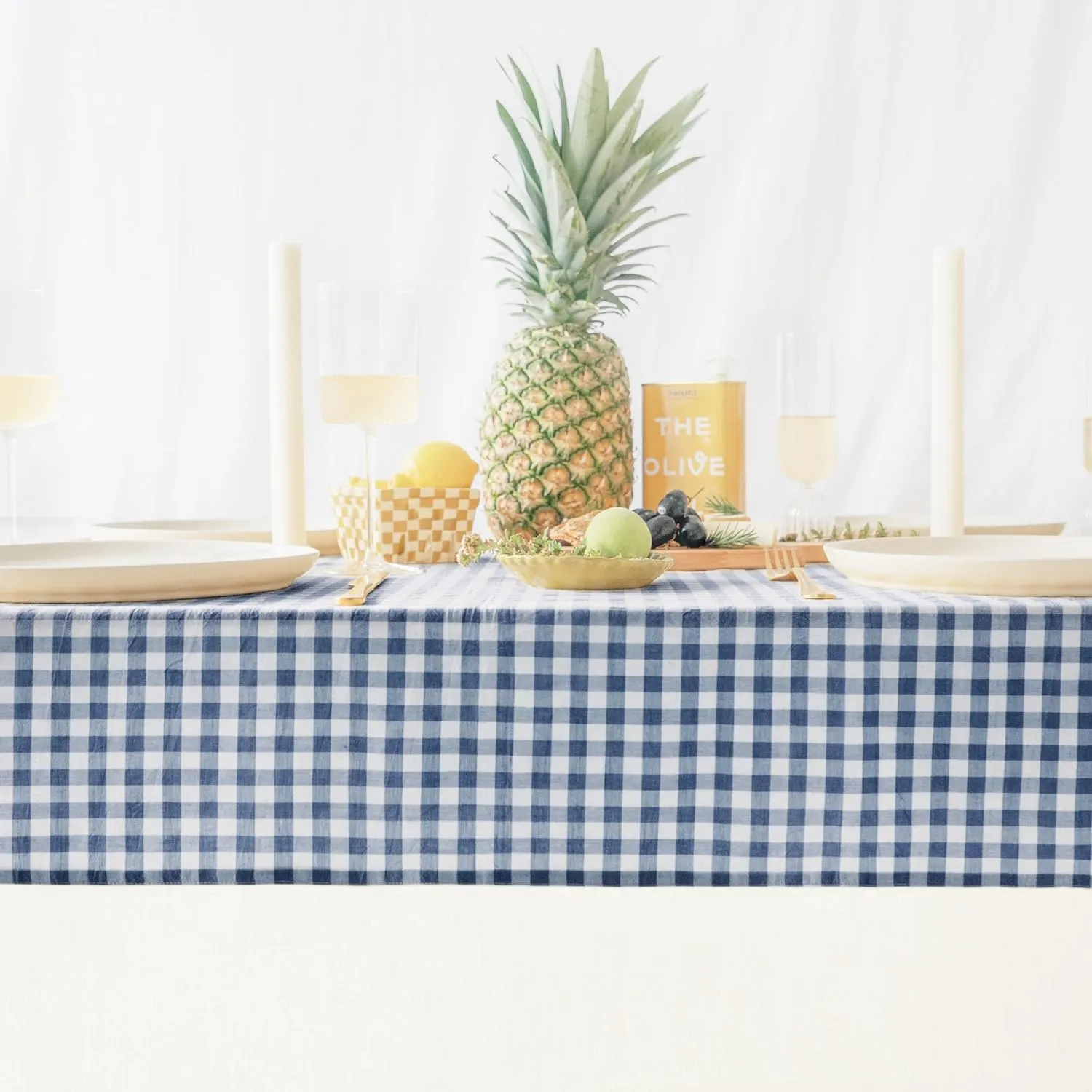 MONDAY MOOSE Gingham Checkered Farmhouse Rustic Picnic Style Decoration Rectangle Natural Stonewashed Cotton Tablecloth for Kitchen, Dining Room, Restaurant (60x86 inch, Blue/White)