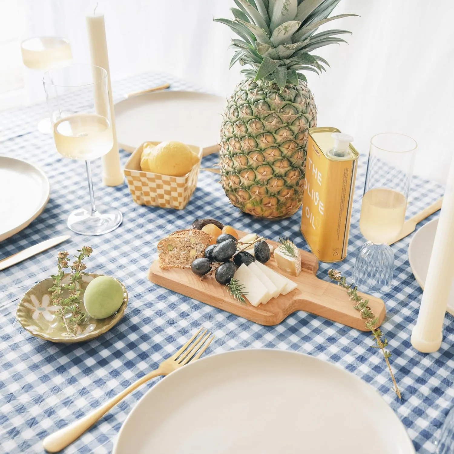 MONDAY MOOSE Gingham Checkered Farmhouse Rustic Picnic Style Decoration Rectangle Natural Stonewashed Cotton Tablecloth for Kitchen, Dining Room, Restaurant (60x86 inch, Blue/White)