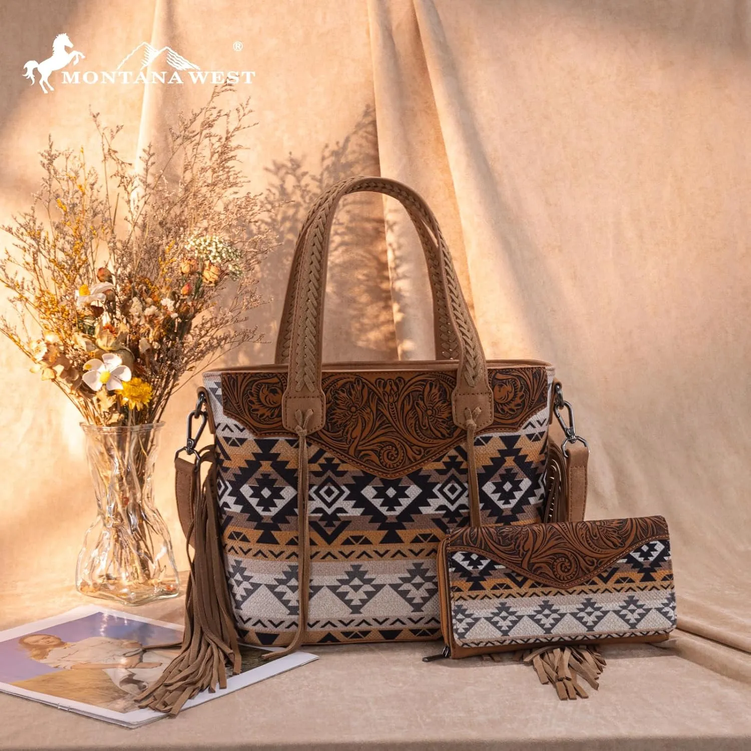Montana West Western Tote Bag for Women Tooled Shoulder Purse with Wallet 2Pcs Set
