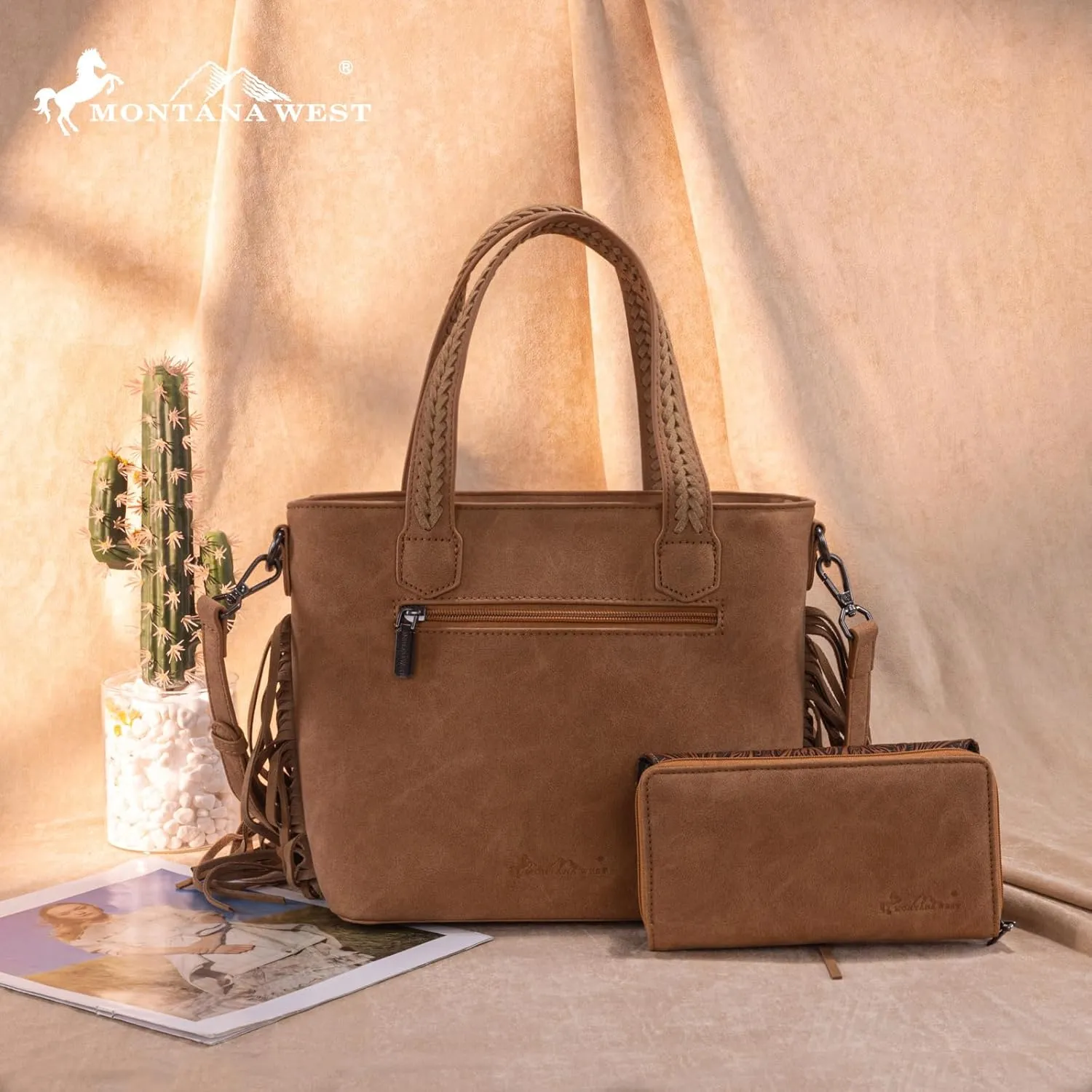 Montana West Western Tote Bag for Women Tooled Shoulder Purse with Wallet 2Pcs Set