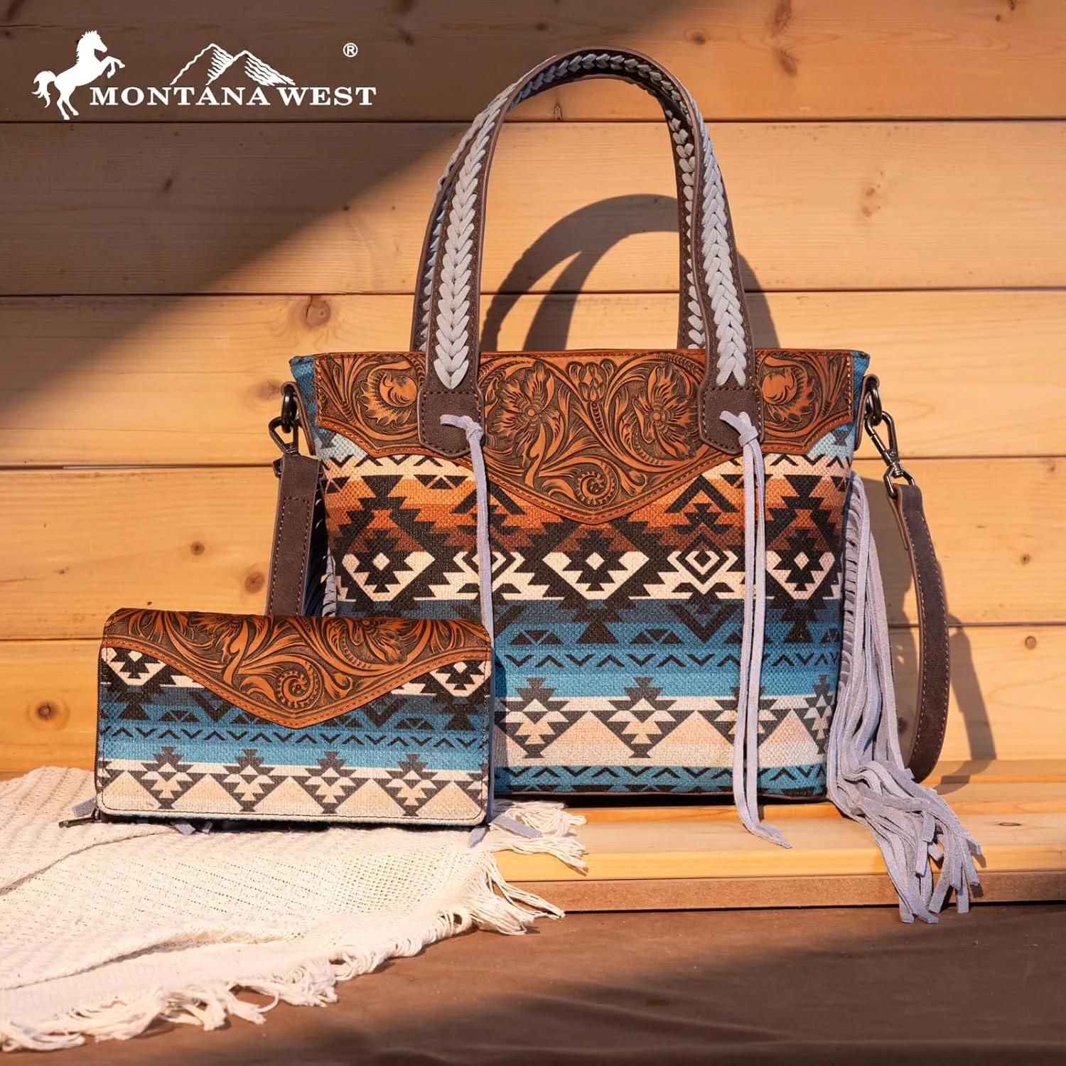 Montana West Western Tote Bag for Women Tooled Shoulder Purse with Wallet 2Pcs Set