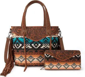 Montana West Western Tote Bag for Women Tooled Shoulder Purse with Wallet 2Pcs Set