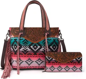 Montana West Western Tote Bag for Women Tooled Shoulder Purse with Wallet 2Pcs Set