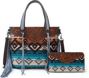Montana West Western Tote Bag for Women Tooled Shoulder Purse with Wallet 2Pcs Set