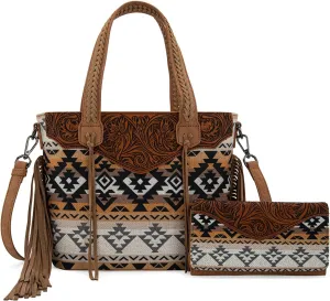 Montana West Western Tote Bag for Women Tooled Shoulder Purse with Wallet 2Pcs Set