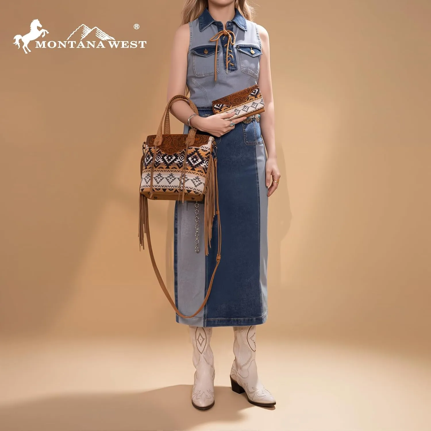 Montana West Western Tote Bag for Women Tooled Shoulder Purse with Wallet 2Pcs Set