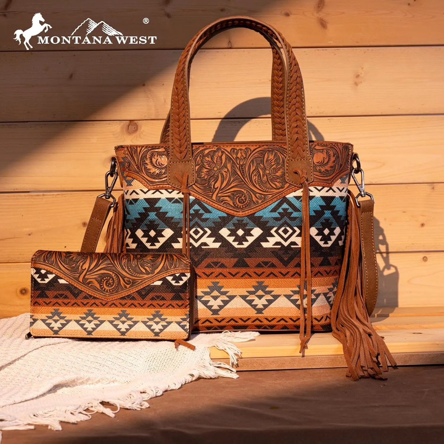 Montana West Western Tote Bag for Women Tooled Shoulder Purse with Wallet 2Pcs Set