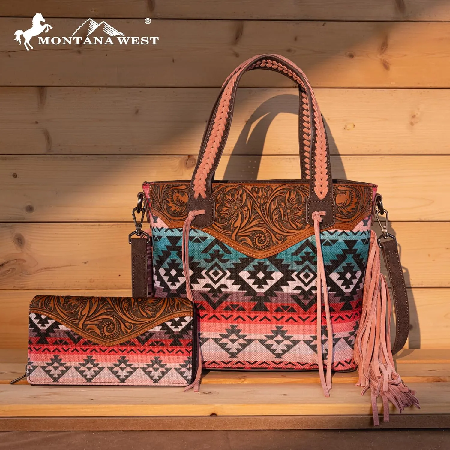 Montana West Western Tote Bag for Women Tooled Shoulder Purse with Wallet 2Pcs Set