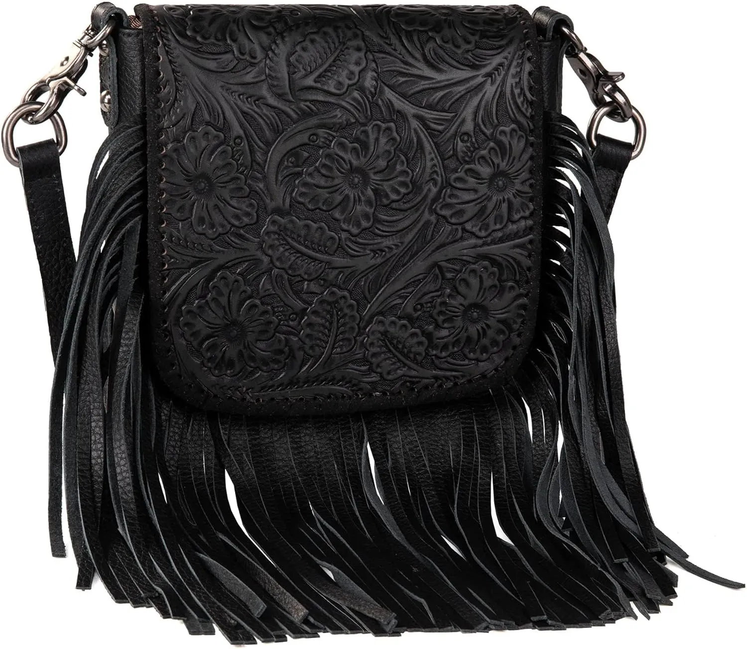 Montana West Women's Crossbody Handbags Western Purses for Women Small Crossbody Bags Tooled Leather Fringe Purse Black Western-RLC-L159BK