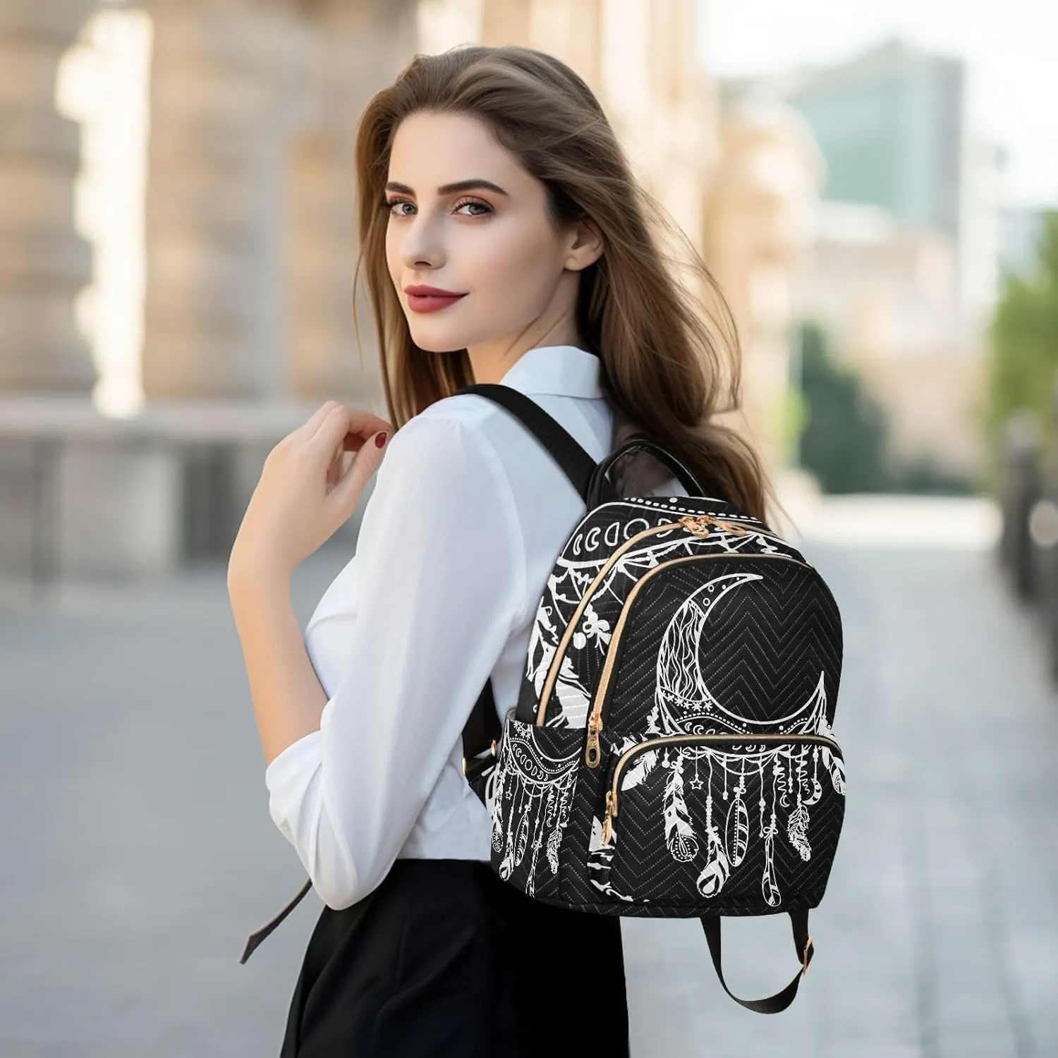 Moon Dreamcatcher Stars Indian Feathers Gothic Mini Backpack for Women, LightWeight Travel Backpack Purse Shoulder Bag Small Casual Daypack for Womens