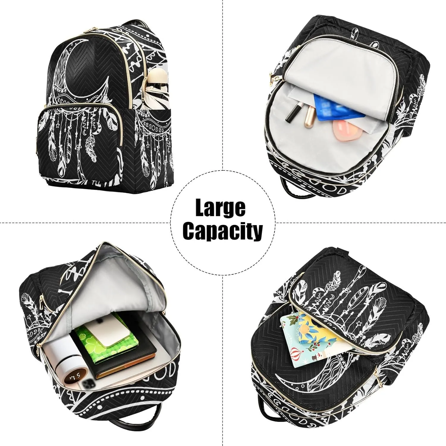 Moon Dreamcatcher Stars Indian Feathers Gothic Mini Backpack for Women, LightWeight Travel Backpack Purse Shoulder Bag Small Casual Daypack for Womens