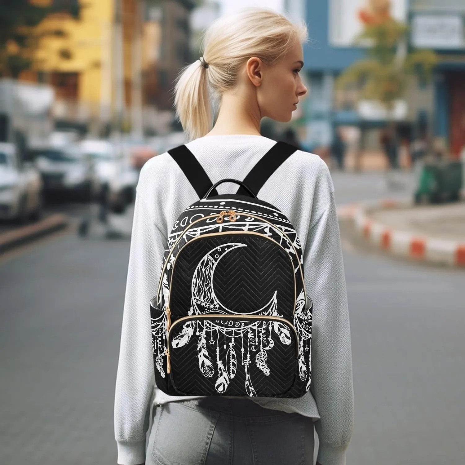 Moon Dreamcatcher Stars Indian Feathers Gothic Mini Backpack for Women, LightWeight Travel Backpack Purse Shoulder Bag Small Casual Daypack for Womens