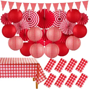 Moukeren 33 Pcs Picnic Party Decorations Set Paper Lanterns Red and White Checkered Gingham Pennant Banner with Hanging Paper Fans Tablecloth for Carnival Picnic BBQ Party Supplies