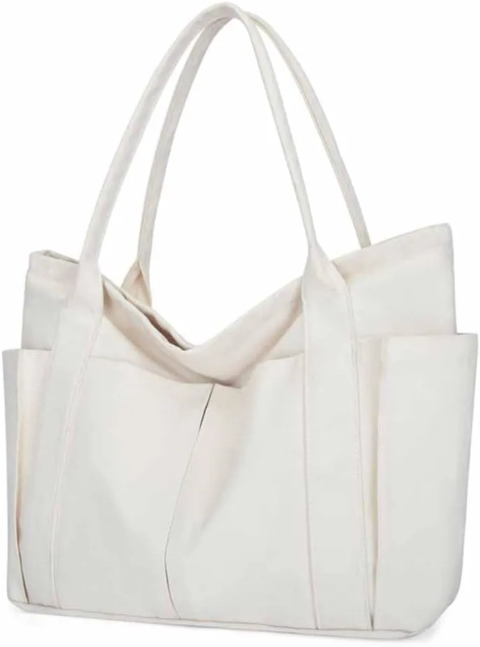 Muka Large Canvas Tote Bag with Multi-pocket, Heavy Duty Shoulder Bag Handbag, 20" x 14" x 6"