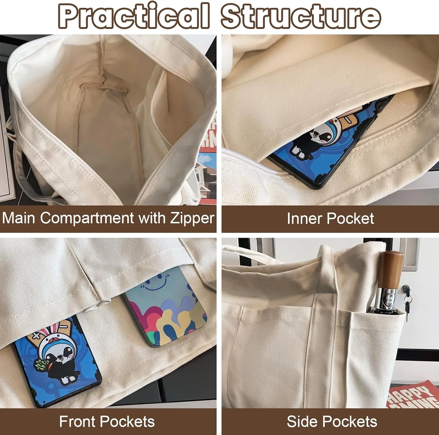 Muka Large Canvas Tote Bag with Multi-pocket, Heavy Duty Shoulder Bag Handbag, 20" x 14" x 6"