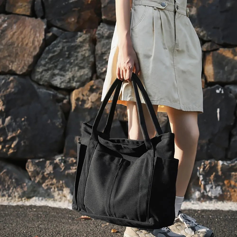 Muka Large Canvas Tote Bag with Multi-pocket, Heavy Duty Shoulder Bag Handbag, 20" x 14" x 6"