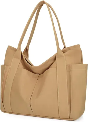 Muka Large Canvas Tote Bag with Multi-pocket, Heavy Duty Shoulder Bag Handbag, 20" x 14" x 6"