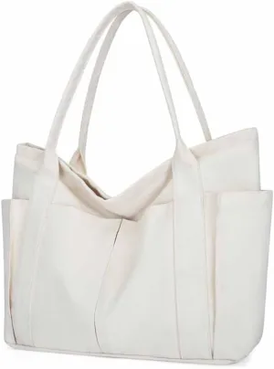 Muka Large Canvas Tote Bag with Multi-pocket, Heavy Duty Shoulder Bag Handbag, 20" x 14" x 6"