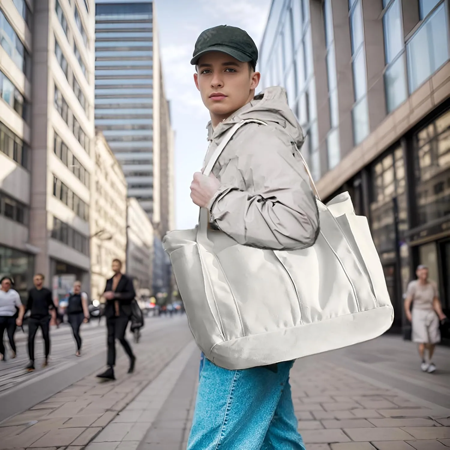 Muka Large Canvas Tote Bag with Multi-pocket, Heavy Duty Shoulder Bag Handbag, 20" x 14" x 6"